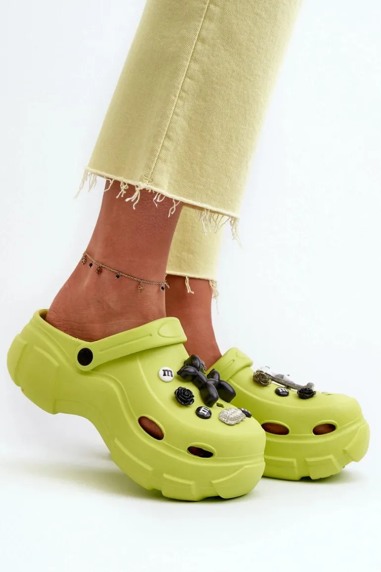 Piankowe Damskie Lekkie Klapki Na Masywnej Podeszwie Limonkowe Matirra