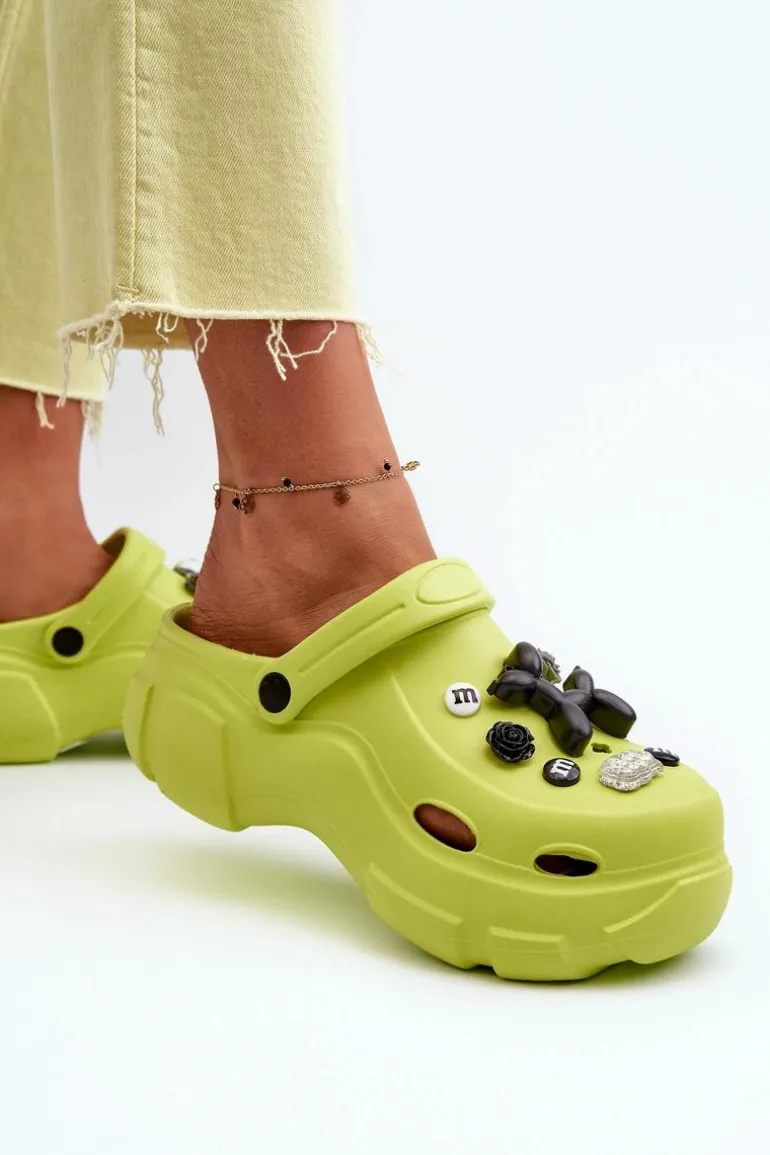 Piankowe Damskie Lekkie Klapki Na Masywnej Podeszwie Limonkowe Matirra