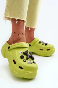 Piankowe Damskie Lekkie Klapki Na Masywnej Podeszwie Limonkowe Matirra