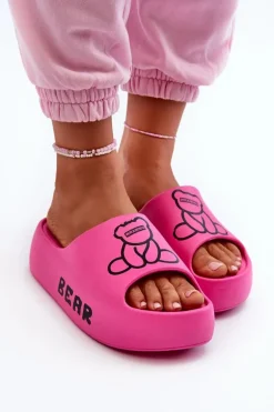 Piankowe Klapki Damskie Na Masywnej Podeszwie Z Misiem Fuksja Lamira