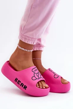 Piankowe Klapki Damskie Na Masywnej Podeszwie Z Misiem Fuksja Lamira