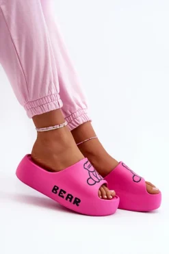 Piankowe Klapki Damskie Na Masywnej Podeszwie Z Misiem Fuksja Lamira