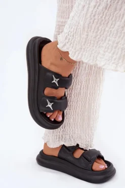 Piankowe Klapki Damskie Na Platformie Czarne Falowena