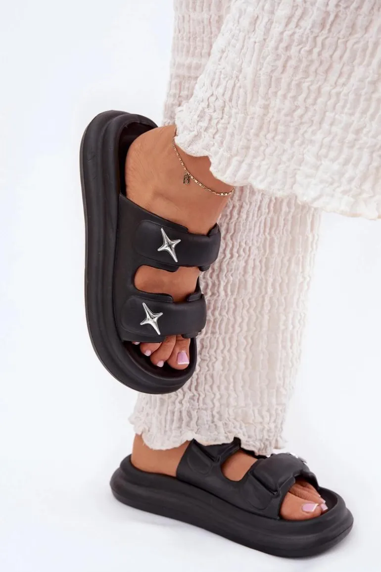 Piankowe Klapki Damskie Na Platformie Czarne Falowena