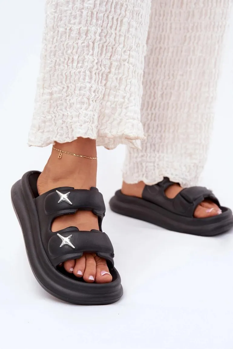 Piankowe Klapki Damskie Na Platformie Czarne Falowena