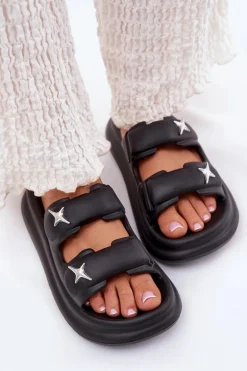 Piankowe Klapki Damskie Na Platformie Czarne Falowena