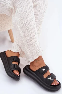 Piankowe Klapki Damskie Na Platformie Czarne Falowena