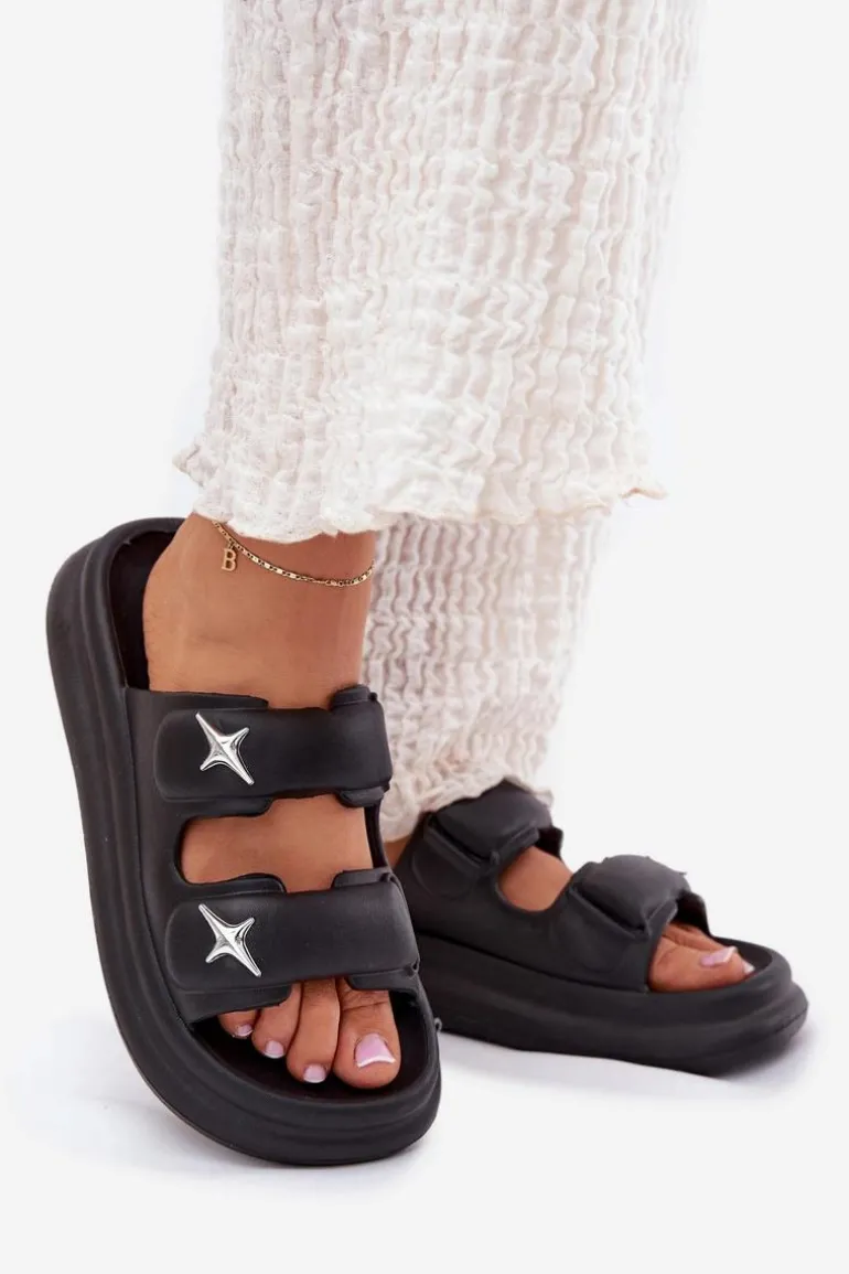 Piankowe Klapki Damskie Na Platformie Czarne Falowena