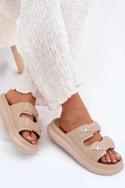 Piankowe Klapki Damskie Na Platformie Ciemnobeżowe Falowena