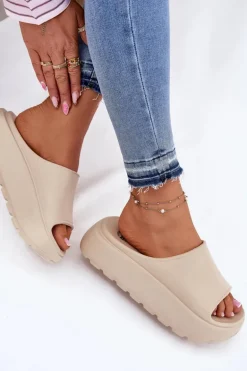 Piankowe Klapki Damskie Na Platformie Beżowe Xalvania
