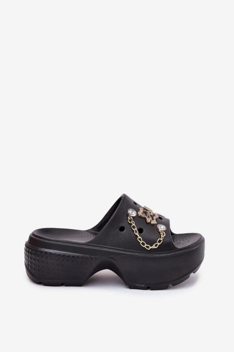 Piankowe Klapki Damskie Na Masywnej Platformie Ze Złotymi Przypinkami Czarne Ivoriel