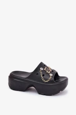 Piankowe Klapki Damskie Na Masywnej Platformie Ze Złotymi Przypinkami Czarne Ivoriel