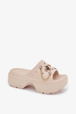 Piankowe Klapki Damskie Na Masywnej Platformie Ze Złotymi Przypinkami Beżowe Ivoriel