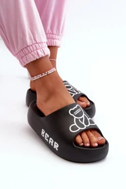 Piankowe Klapki Damskie Na Masywnej Podeszwie Z Misiem Czarne Lamira