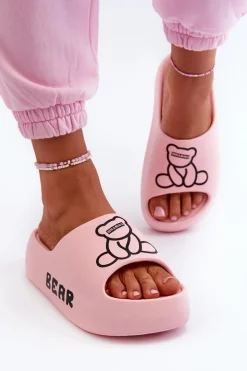 Piankowe Klapki Damskie Na Masywnej Podeszwie Z Misiem Różowe Lamira