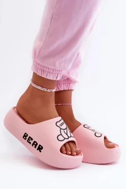 Piankowe Klapki Damskie Na Masywnej Podeszwie Z Misiem Różowe Lamira