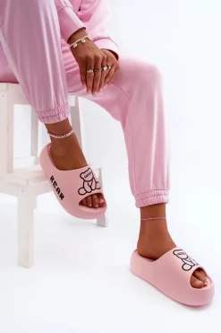 Piankowe Klapki Damskie Na Masywnej Podeszwie Z Misiem Różowe Lamira