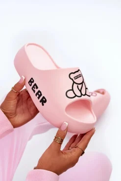 Piankowe Klapki Damskie Na Masywnej Podeszwie Z Misiem Różowe Lamira