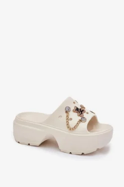 Piankowe Klapki Damskie Na Masywnej Platformie Ze Złotymi Przypinkami Ecru Ivoriel
