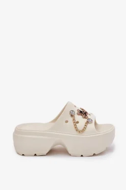 Piankowe Klapki Damskie Na Masywnej Platformie Ze Złotymi Przypinkami Ecru Ivoriel