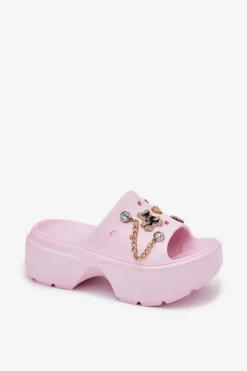 Piankowe Klapki Damskie Na Masywnej Platformie Ze Złotymi Przypinkami Różowe Ivoriel