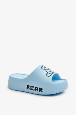 Piankowe Klapki Damskie Na Masywnej Podeszwie Z Misiem Niebieskie Lamira