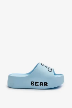 Piankowe Klapki Damskie Na Masywnej Podeszwie Z Misiem Niebieskie Lamira