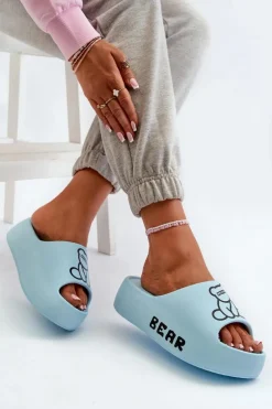 Piankowe Klapki Damskie Na Masywnej Podeszwie Z Misiem Niebieskie Lamira