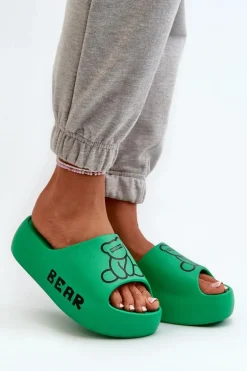 Piankowe Klapki Damskie Na Masywnej Podeszwie Z Misiem Zielone Lamira
