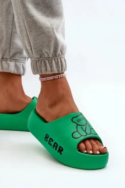 Piankowe Klapki Damskie Na Masywnej Podeszwie Z Misiem Zielone Lamira