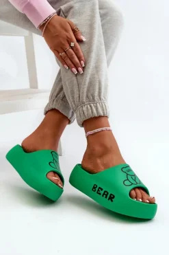 Piankowe Klapki Damskie Na Masywnej Podeszwie Z Misiem Zielone Lamira