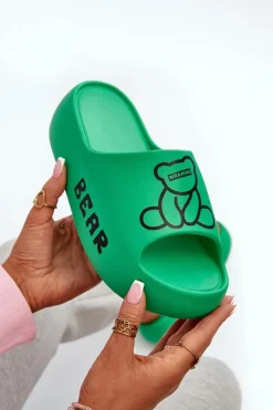 Piankowe Klapki Damskie Na Masywnej Podeszwie Z Misiem Zielone Lamira