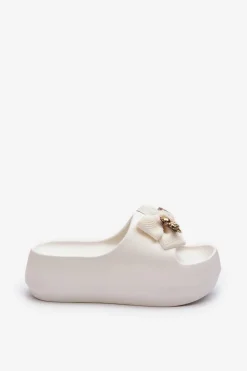 Piankowe Klapki Damskie Z Kokardą Białe Salessa