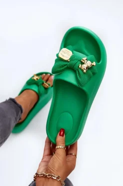 Piankowe Klapki Damskie Z Kokardą Zielone Salessa