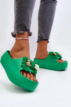 Piankowe Klapki Damskie Z Kokardą Zielone Salessa