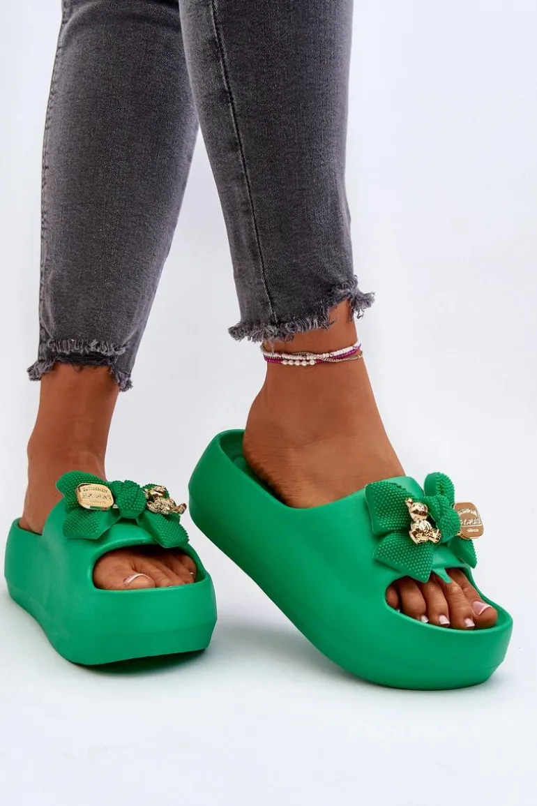 Piankowe Klapki Damskie Z Kokardą Zielone Salessa