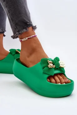 Piankowe Klapki Damskie Z Kokardą Zielone Salessa