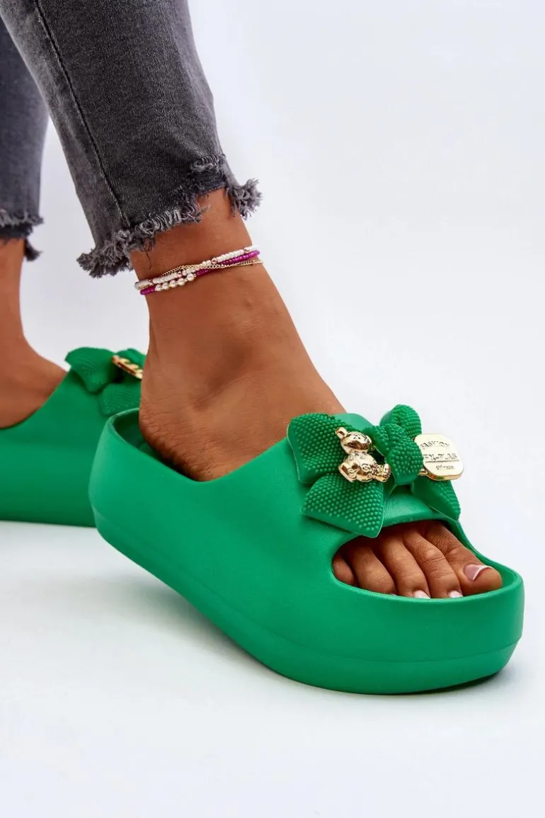 Piankowe Klapki Damskie Z Kokardą Zielone Salessa
