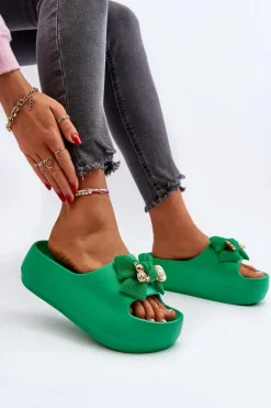 Piankowe Klapki Damskie Z Kokardą Zielone Salessa