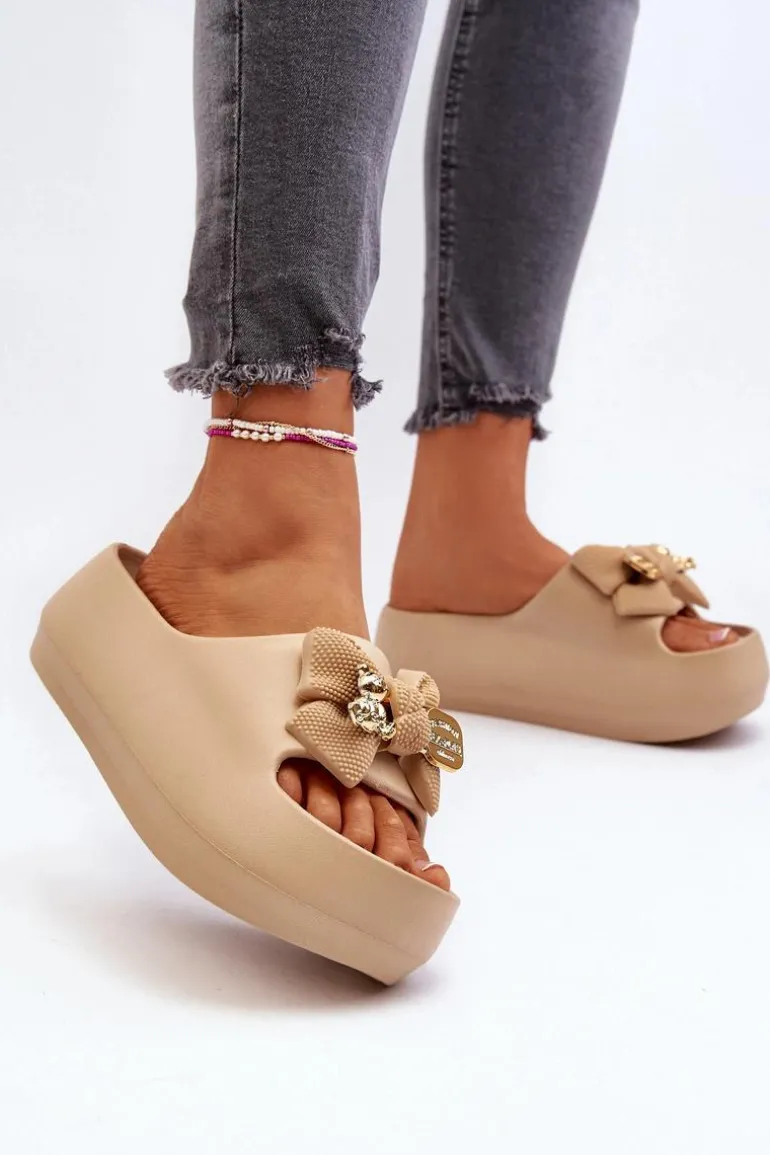 Piankowe Klapki Damskie Z Kokardą Khaki Salessa