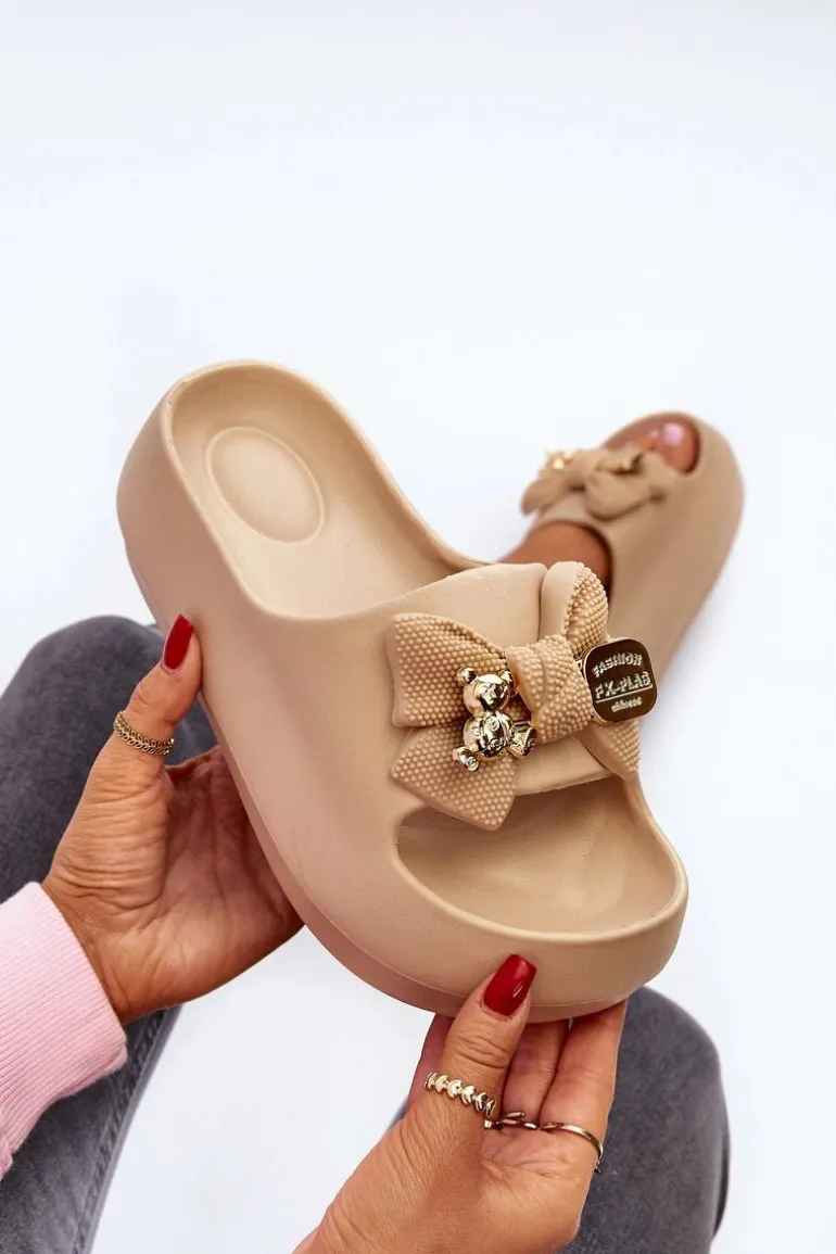 Piankowe Klapki Damskie Z Kokardą Khaki Salessa