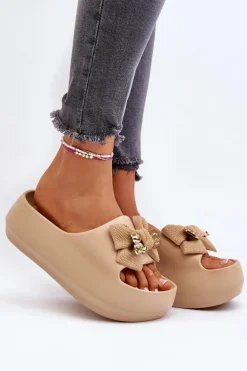 Piankowe Klapki Damskie Z Kokardą Khaki Salessa