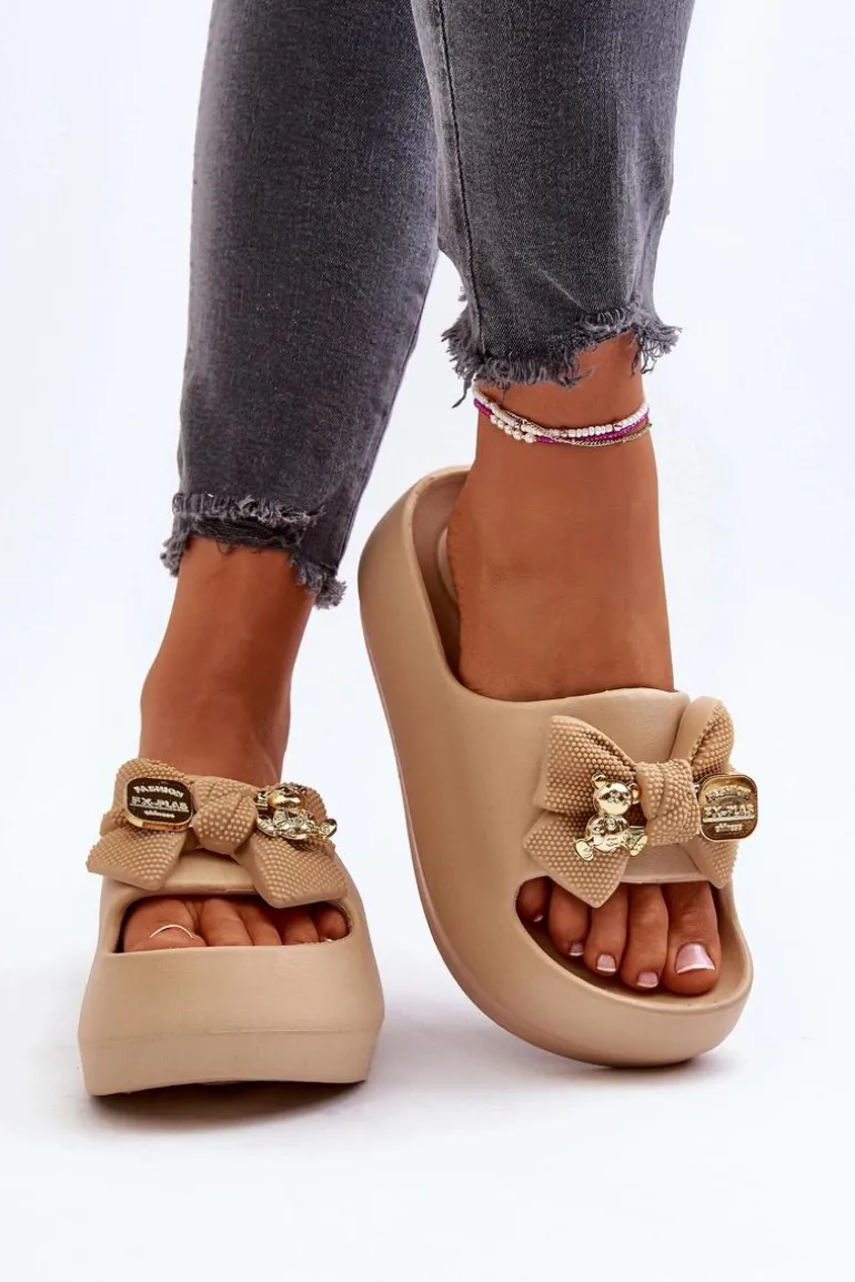 Piankowe Klapki Damskie Z Kokardą Khaki Salessa