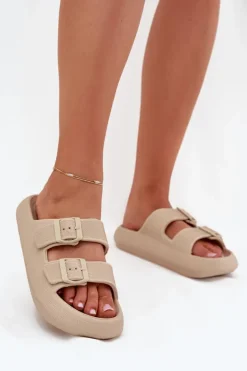 Piankowe Klapki Damskie Z Klamrami Vinceza 76056 Beżowe