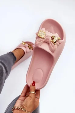 Piankowe Klapki Damskie Z Kokardą Różowe Salessa