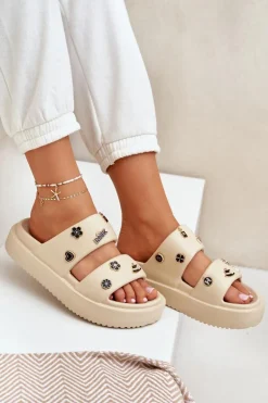 Piankowe Klapki Damskie Z Przypinkami Beżowe Ravanala