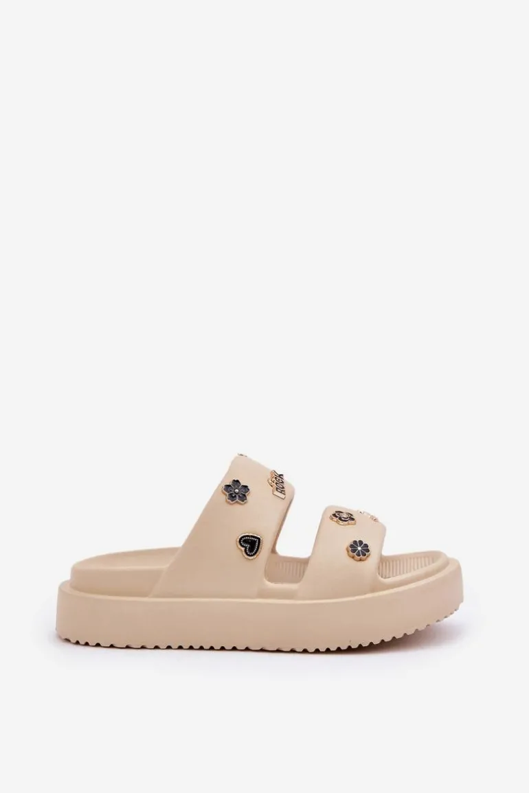 Piankowe Klapki Damskie Z Przypinkami Beżowe Ravanala