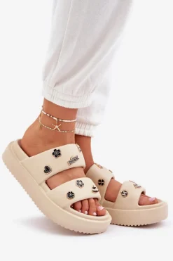 Piankowe Klapki Damskie Z Przypinkami Beżowe Ravanala