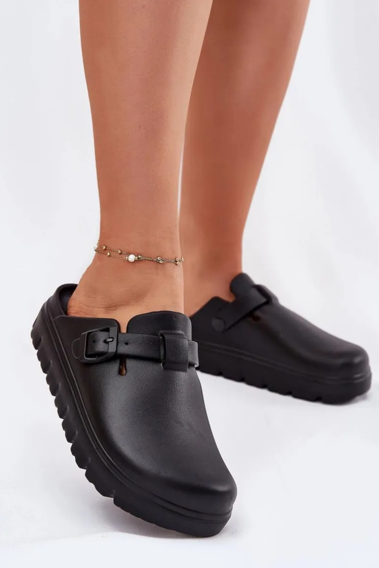 Piankowe Klapki Damskie Z Paskiem I Klamrą Czarne Larinie