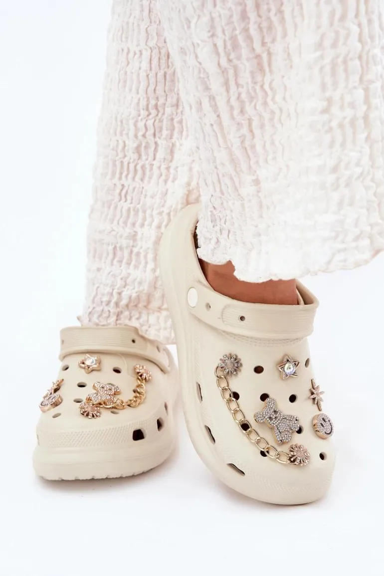 Piankowe Klapki Damskie Z Przypinkami Beżowe Linaviela